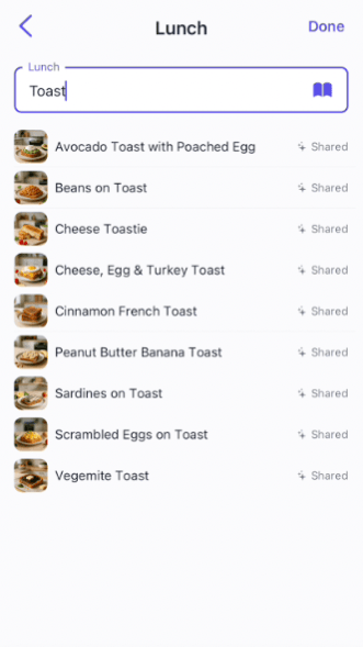Lilara meal entry for lunch with &ldquo;Toast&rdquo; typed into the search box and matching shared recipes listed below, including Beans on Toast and Cheese Toastie