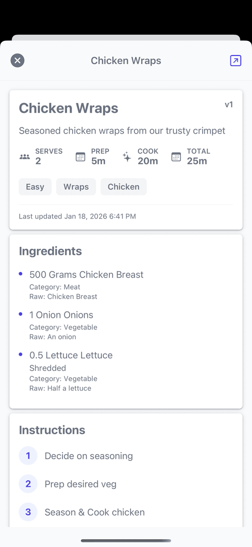 Lilara recipe detail screen for Chicken Wraps showing serves 2, 25 minute total time, full ingredients list including chicken breast and lettuce, and step-by-step instructions