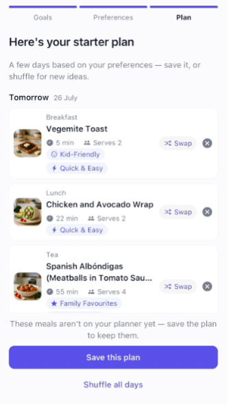 Lilara Smart Plan showing a suggested starter plan with Vegemite Toast for breakfast, Chicken and Avocado Wrap for lunch and Spanish Alb&oacute;ndigas for tea, each with a swap button