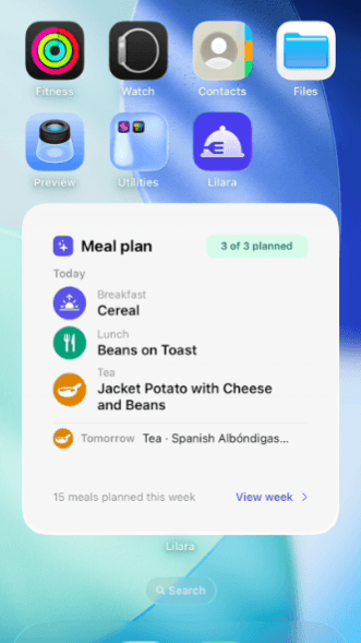 Lilara home screen widget on iOS showing today&rsquo;s breakfast, lunch and tea, tomorrow&rsquo;s meal, and fifteen meals planned this week
